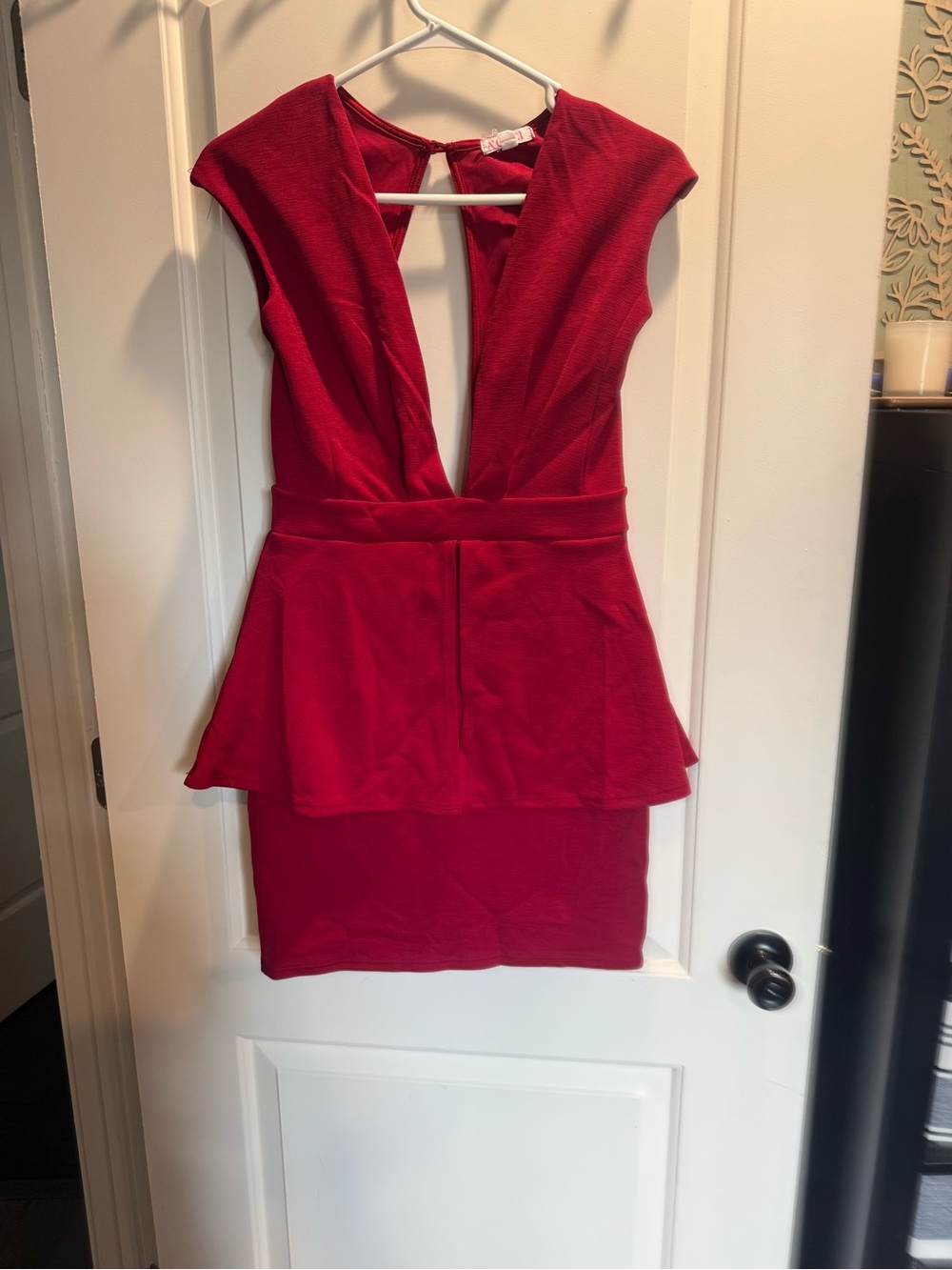 a'gaci Red Deep V Peplum Midi Dress